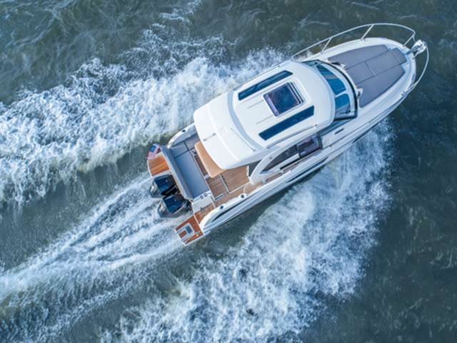 Aerial view of a beneteau antares 9 cruising on the water