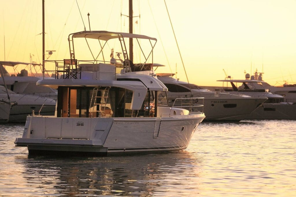 Beneteau Swift Trawler 35 going into dock at sunset