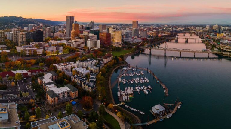 Sunset aerial view of downtown Portland, Oregon